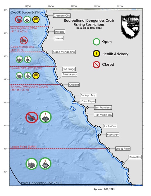 Map of the coastline of California along with Dungeness crab fishing closures and information.